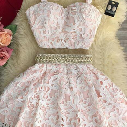 Sexy Two Piece Sweetheart Mini Pink Lace..