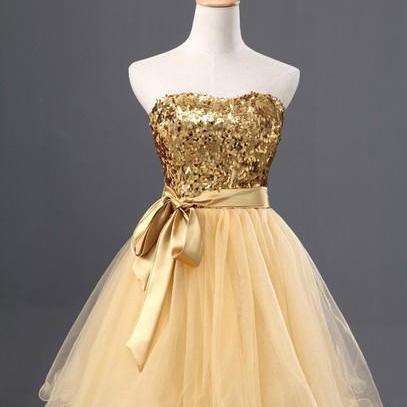 Gold Sequins Tulle Homecoming Dress With..