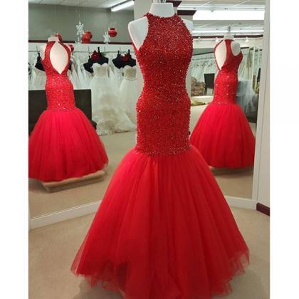 Open Back Beading Red Mermaid Prom Dresses..