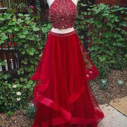Beaded Two Piece Burgundy Prom Dress Gown..