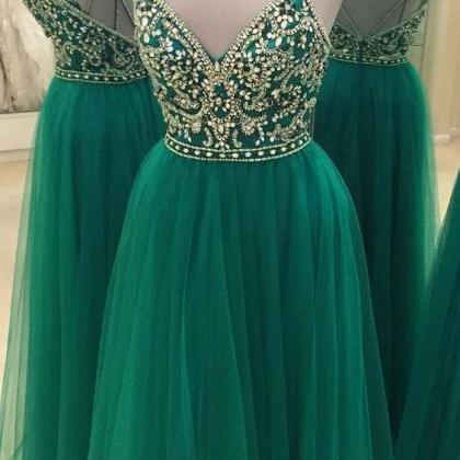 Long Green Prom Dress Gown With Spaghetti..