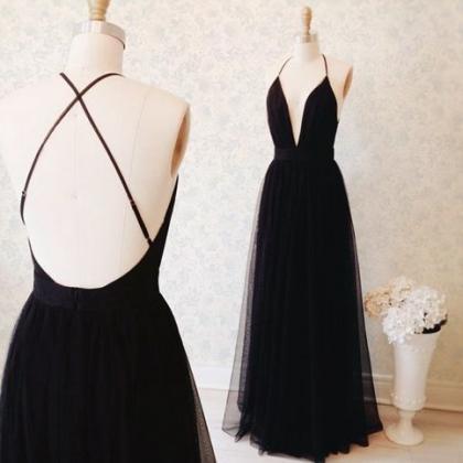 Deep V Neck Long Black Prom Dress Gown With..