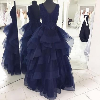 Long Dark Navy Lace Prom Dress Gown Open..