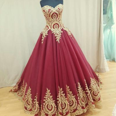 A line Sweetheart Tulle Red Prom Dresses Long with Gold Appliques Elegant Formal Evening Gown Cheap Party Dress Quinceanera Dress Custom Plus size 2018 