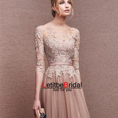 2016 Long Tulle Lace Champagne Prom Dresses with Half Sleeves Formal Evening Dresses Graduation Party Dresses