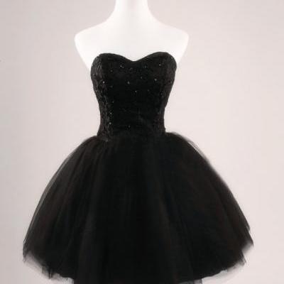 2016 Cheap Ball Gown Sweetheart Beaded Lace Tulle Short Black Prom Dresses Gowns, Formal Evening Dresses Gowns, Homecoming Graduation Cocktail Party Dresses,Little Black Dresses,Custom Plus size