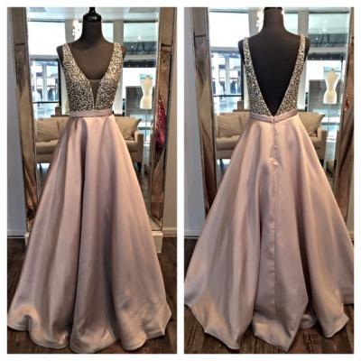Custom V neck Beaded Champagne Prom Dresses, Satin Prom Dress, Long Sexy Prom Dress, Prom Dress 2016, Affordable Prom Dress, Junior Prom Dress,Formal Evening Dresses Gowns, Party Dresses, Plus size
