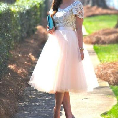 Custom Pink Prom Dress with Short Sleeves Knee Length Prom Dresses,Tulle Prom Dress,Lace Prom Dress, Lace Homecoming Dress,Cheap Prom Gowns, Formal Dress, Pink Homecoming Dresses, Graduation Dress, Party Dress