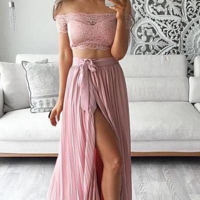 2017 Two Piece Prom Dresses Lace Top Off the Shoulder Short Sleeves Thigh-High Slit Sexy Evening Gowns