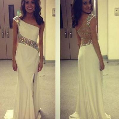 One Shoulder Ivory Mermaid Prom Dresses with Crystals, Prom Gown,Formal Evening Dresses,Party Dress Cheap, Homecoming Dresses,Graduation Dress Custom Plus size