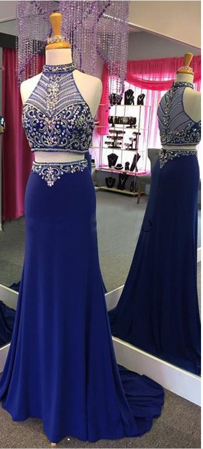 Two Piece Prom Dress Gown Long Royal Blue 2017, Maxi Dress, Beaded Prom Dress,evening Dress,formal Dress,cocktail Dress,party Dress,graduation