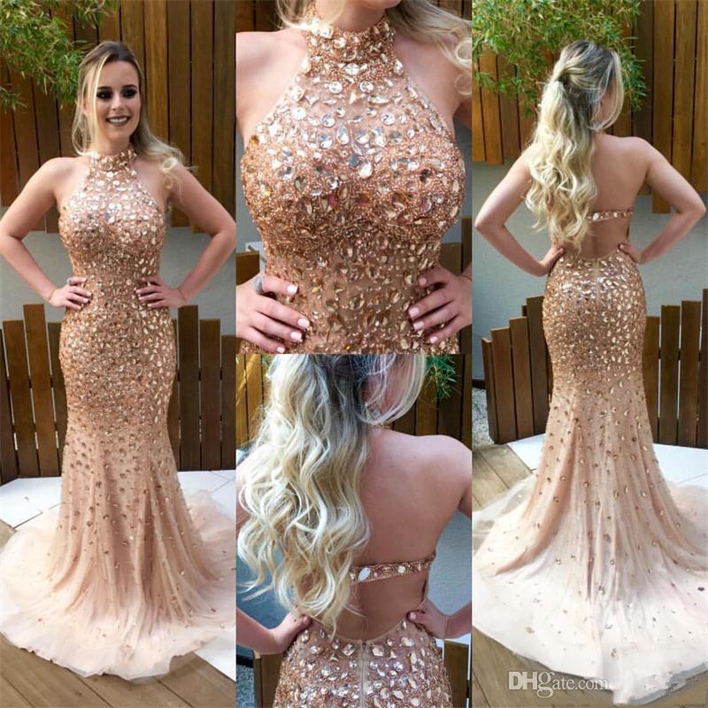 Lomg Mermaid Champagne Prom Gown Dress 2017 Heavy Beaded Prom