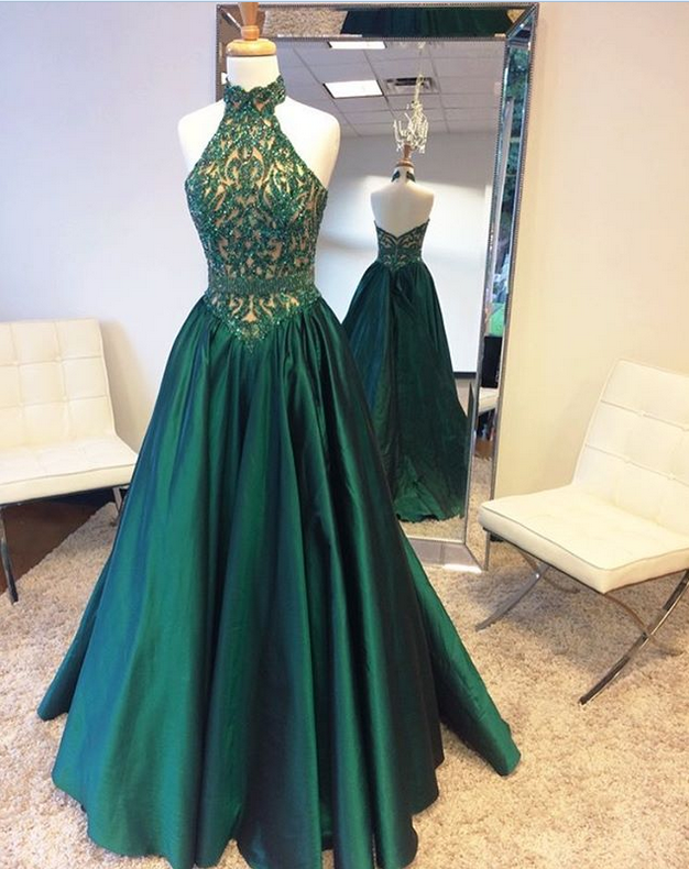 Beaded Halter Backless Prom Dress Gown Green Long 2017,prom Dress ,evening Dress,formal Dress,cocktail Dress,party Dress,graduation Dress