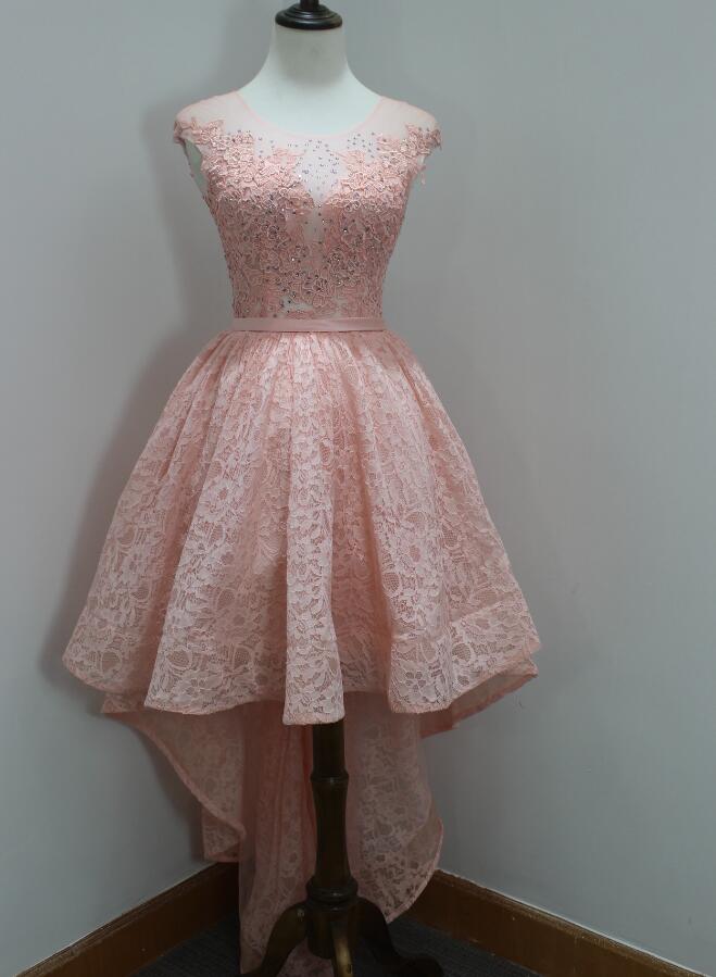 Homecoming Dress Pink Prom Dress Gown High Low 2017,lace Prom Dress ,evening Dress,formal Dress,cocktail Dress,party Dress,graduation Dress
