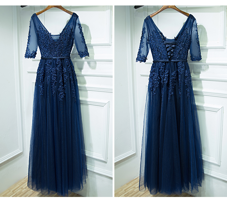 Navy Blue Tulle Lace Prom Dress With Half Sleeves,prom Gown ,navy Evening Dress,cocktail Party Dress,formal Dress