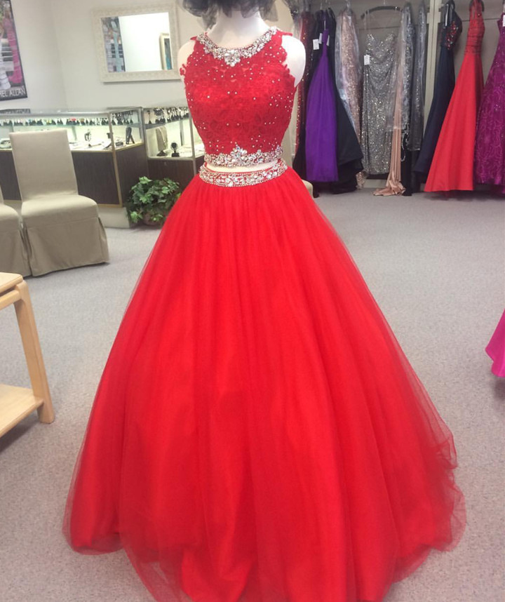 A Line 2 Two Piece Tulle Lace Prom Dresses Red Ball Gown Formal Evening Gown Junior Senior Party Dress Custom Plus Size 2018