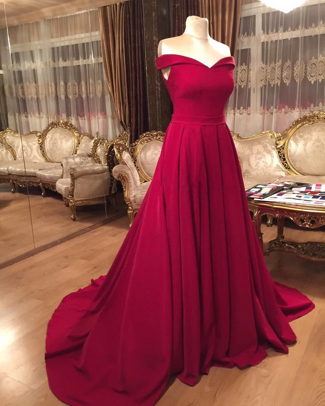 Off Shoulder Dark Red Satin Long Prom Dress, Off the Shoulder Dark Red –  Eip Collection