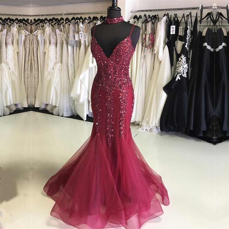 Beaded Long Mermaid Prom Dresses With Spaghetti Straps Elegant Formal Evening Gown Party Dress Senior Junior Custom Plus Size 2018