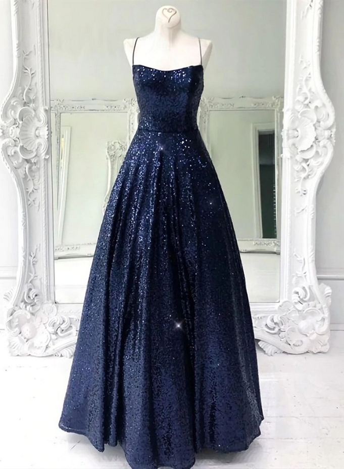 Women A-line Navy Blue Sequins Formal Evening Dress With Spaghetti Straps Backless Sexy Prom Gown 2023 Sparkly Civil