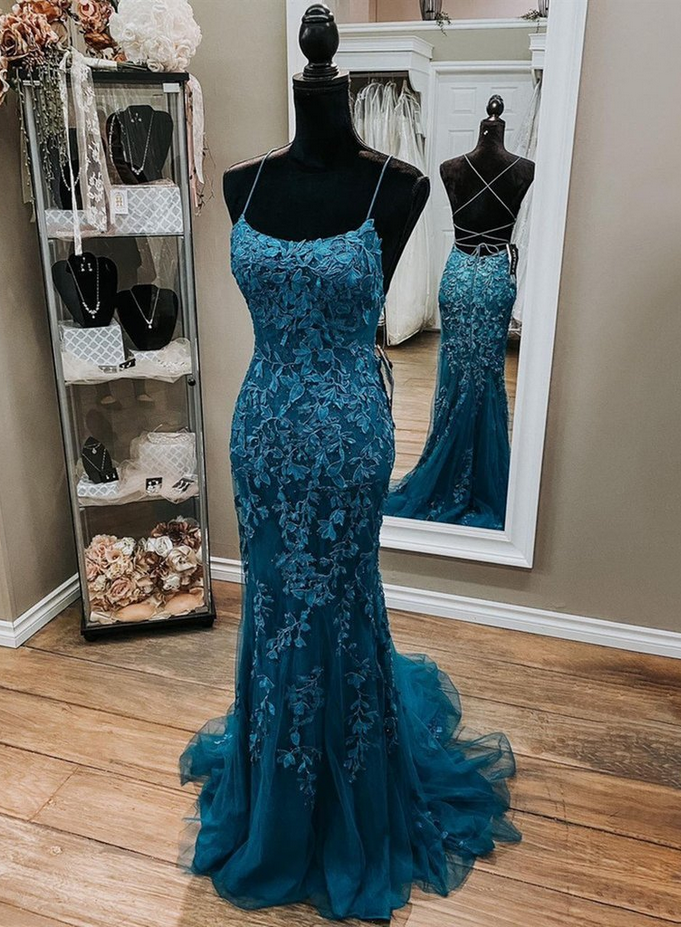 Women Teal Green Tulle Lace Mermaid Formal Evening Dress Elegant With Spaghetti Straps Backless Sexy Prom Gown 2023 Civil