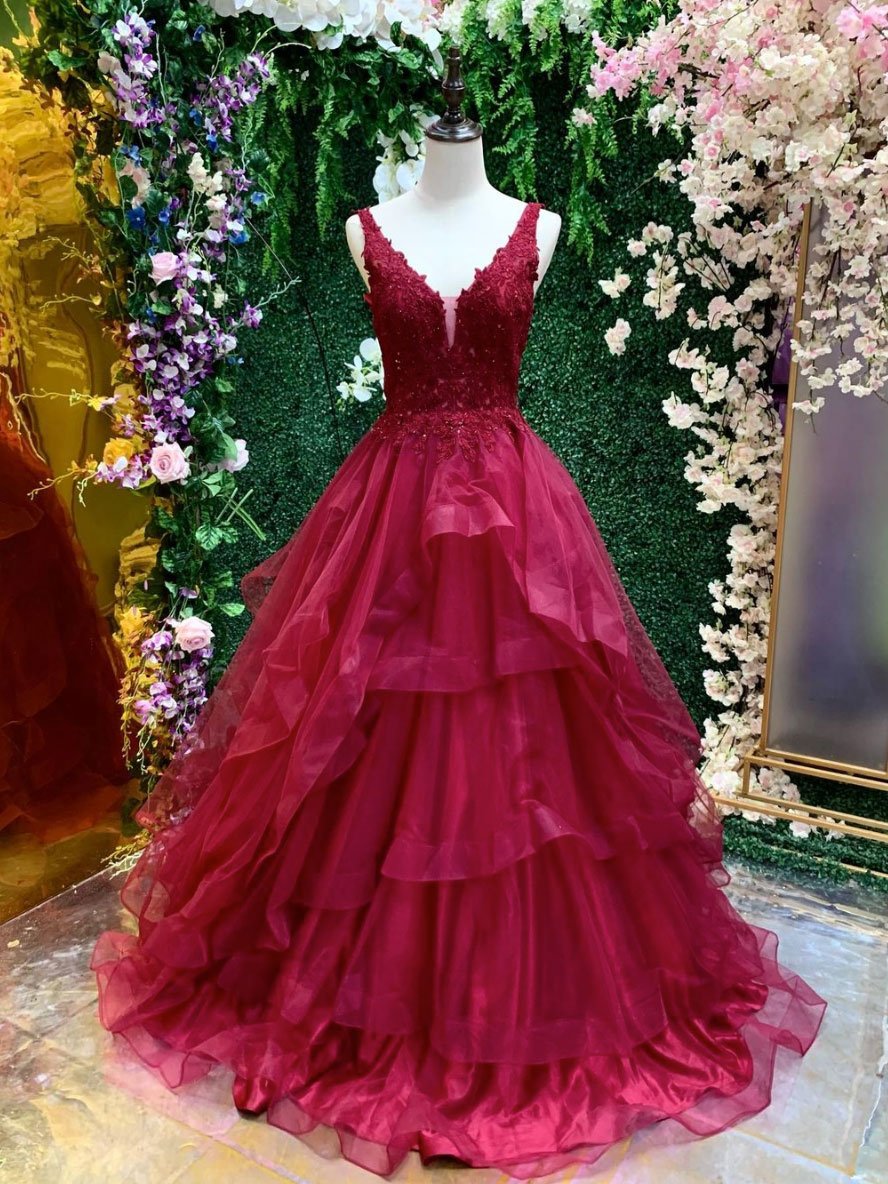 Women A-line Princess Burgundy Prom Dress Backless V-neck Lace Tulle Long Formal Evening Dress Elegant With Appliques Prom Gown 2023 Civil