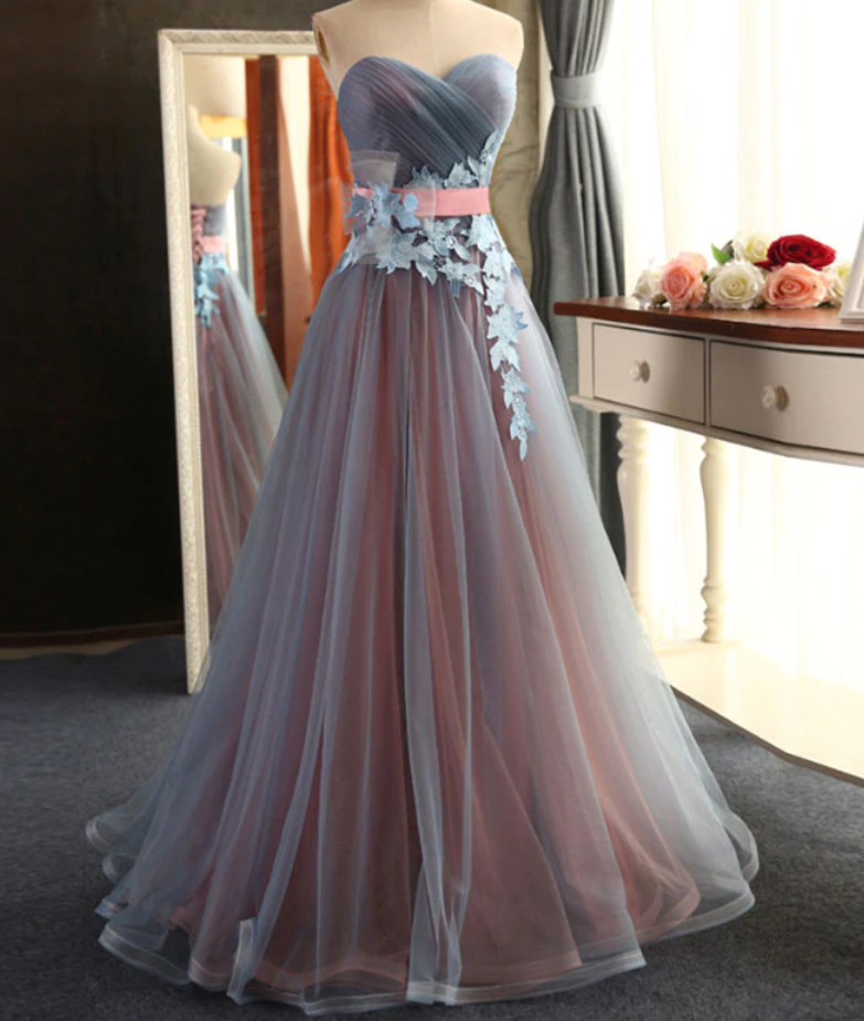 Two Tones Silver Pink Prom Dress Strapless Sweetheart Tulle Satin Long Formal Evening Dress Elegant