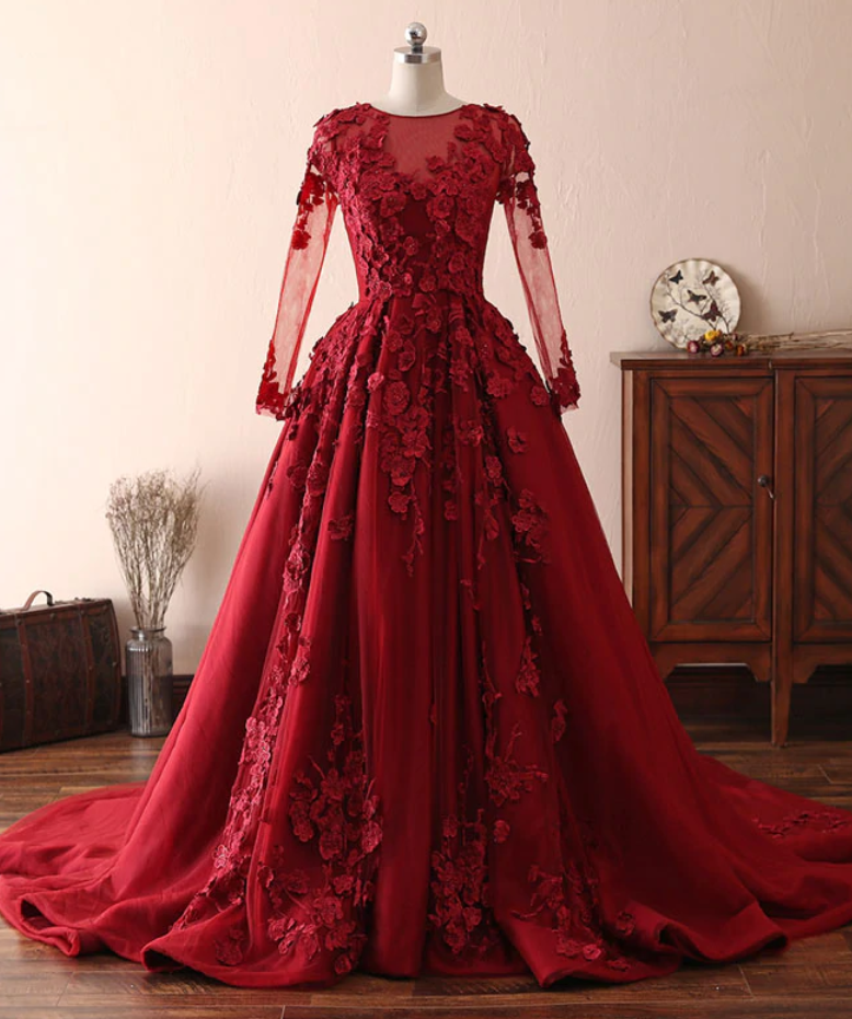 Women Princess Burgundy Prom Dress With Long Sleeves Lace Tulle Formal Evening Dress Elegant
