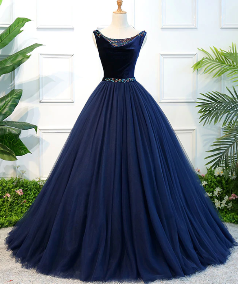Navy Blue Women Scoop Neck Velvet Tulle Prom Dress Princess Simple Long Formal Evening Dress Elegant