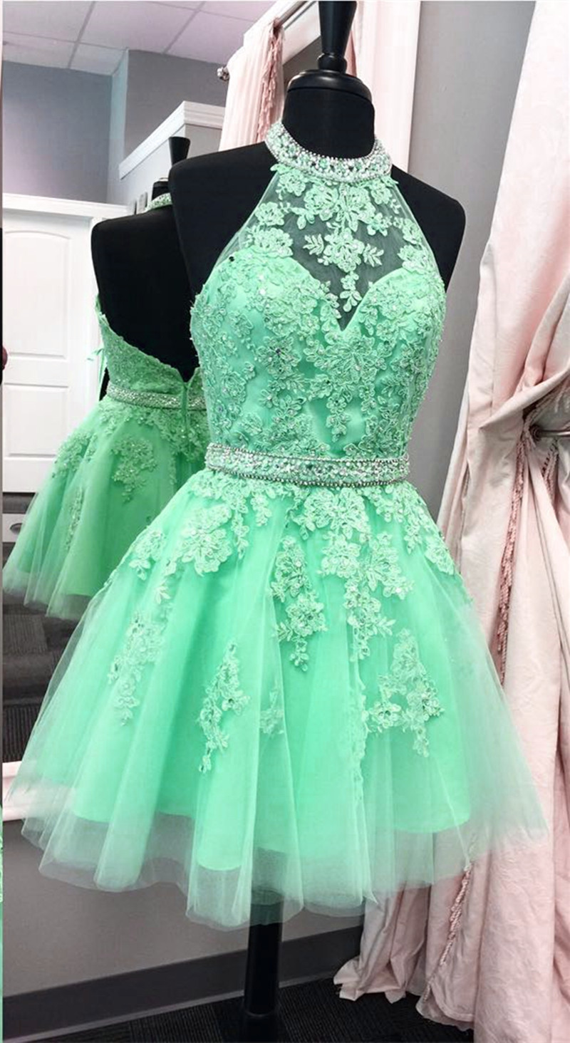 Halter Backless Light Green Lace Tulle Homecoming Dress Prom Dress Short Cocktail Party Holiday Gown