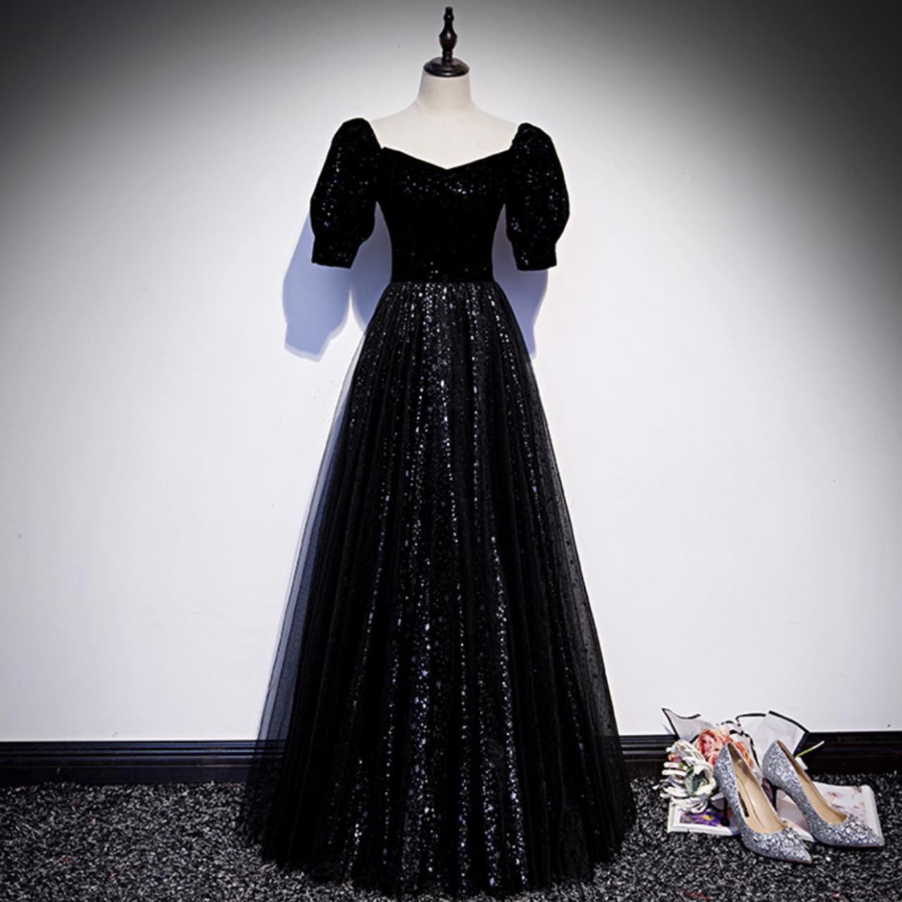 Black Glitter Sequins Prom Dress Princess Long With Short Sleeves Sparkly Formal Evening Dress Prom Gown