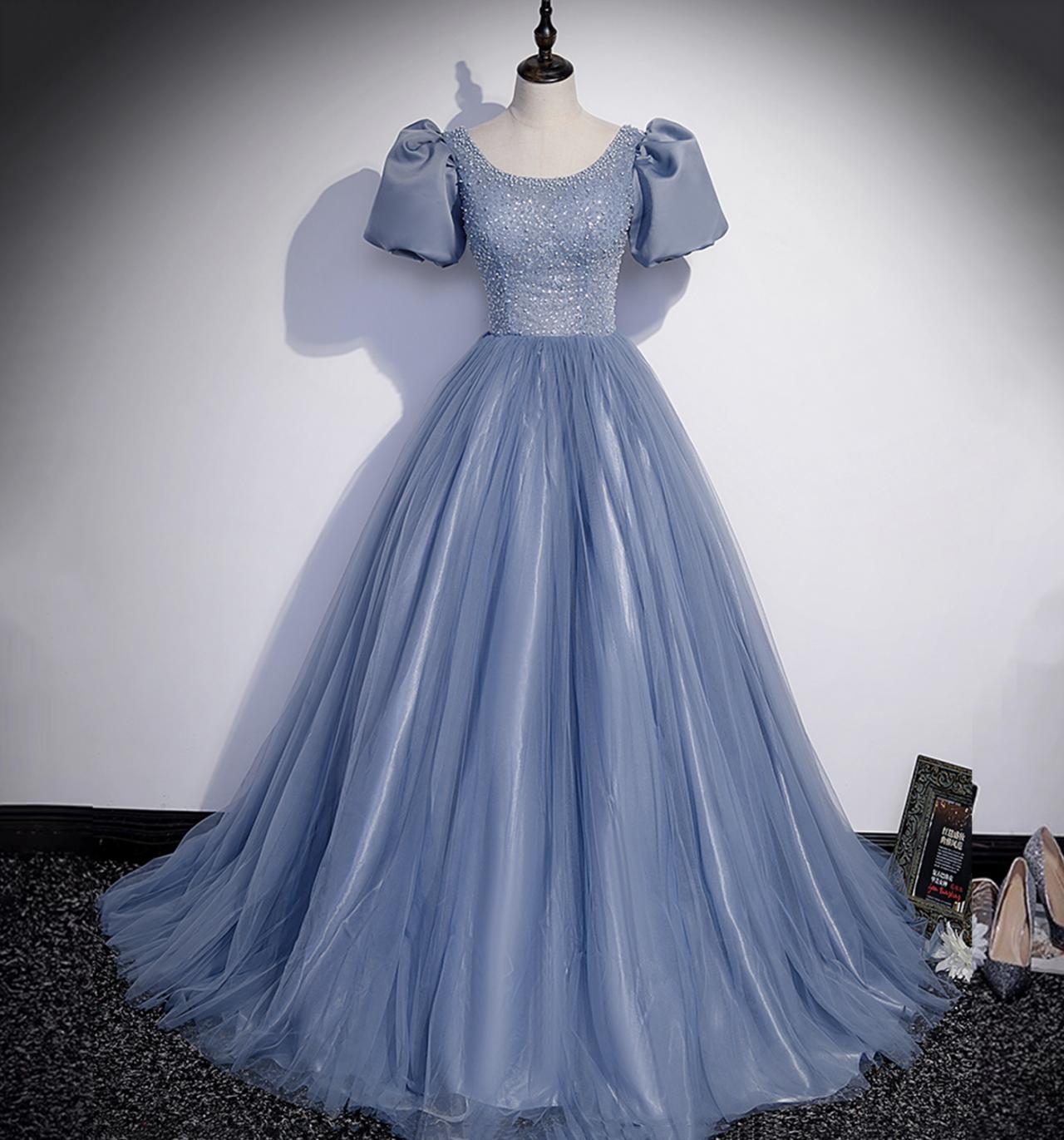 Women Princess Dusty Blue Prom Dress Long with Short Sleeves Tulle Formal Evening Gown Cheap 