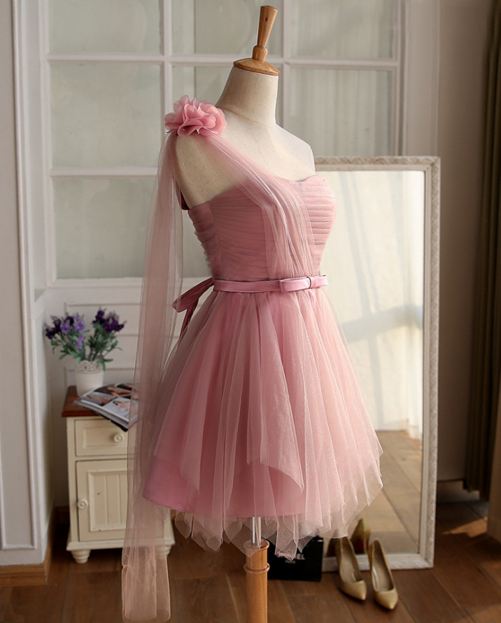 One Shoulder Tulle Dusty Pink Homecoming Dress Prom Dress Short Cocktail Party Gown