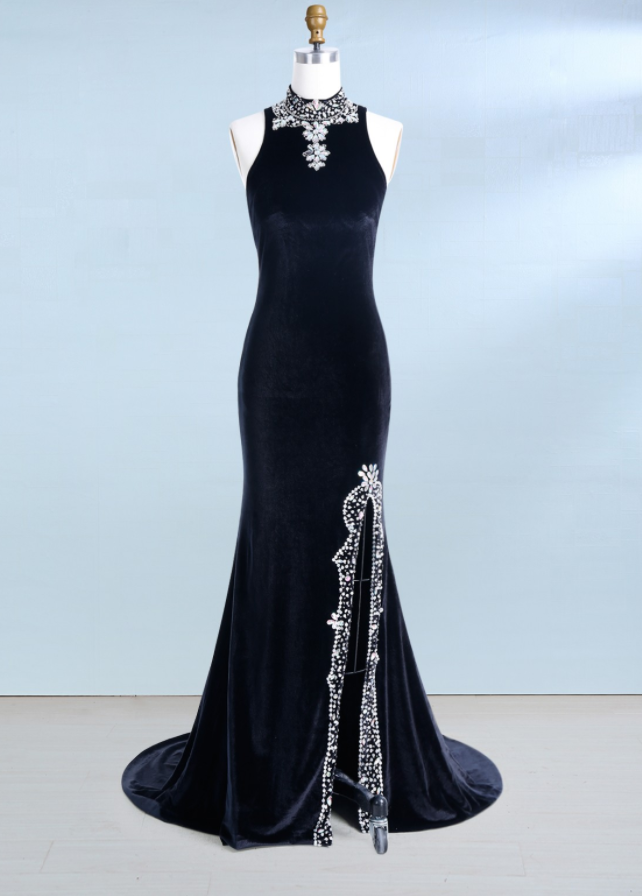 Women Elegant Long Mermaid Navy Velvet Prom Dress Long With Slit Beaded High Neck Formal Evening Gown