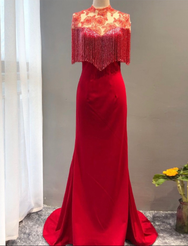 Red Lace Satin Prom Dress Long With Tassel High Neck Formal Evening Gown