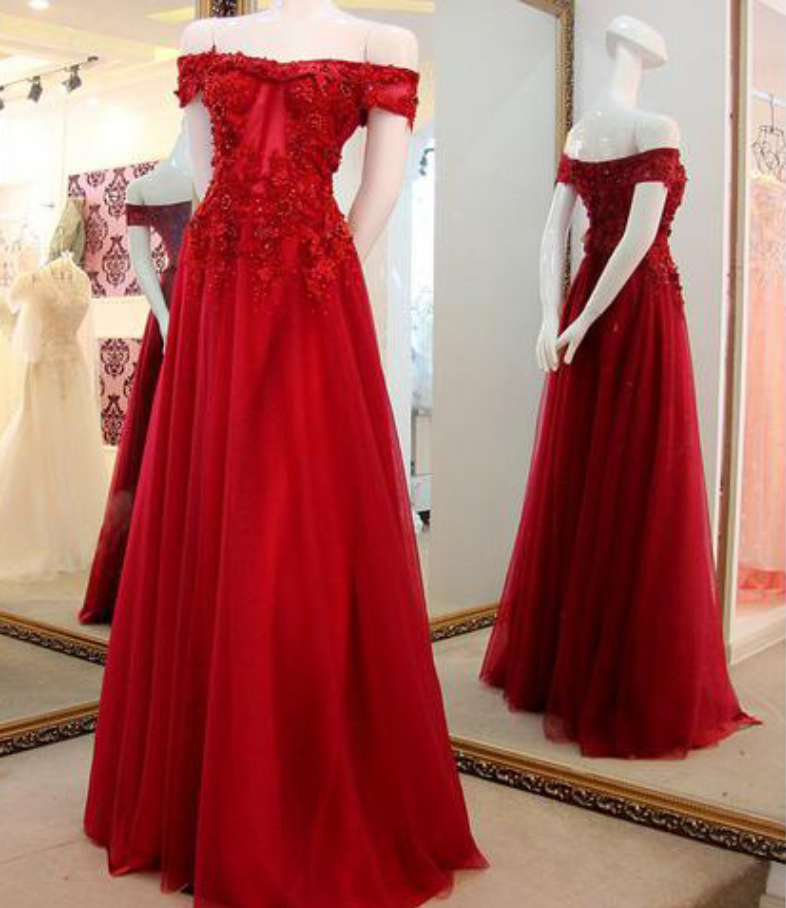 Princess Tulle Lace Red Prom Dress Long Off Shoulder Formal Evening Gown Women Elegant
