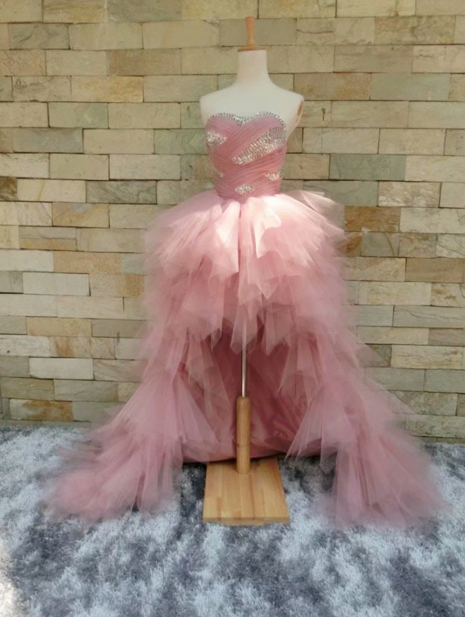 Princess Tulle Pink High Low Prom Dress Long Strapless With Rufflesformal Evening Gown Women Elegant