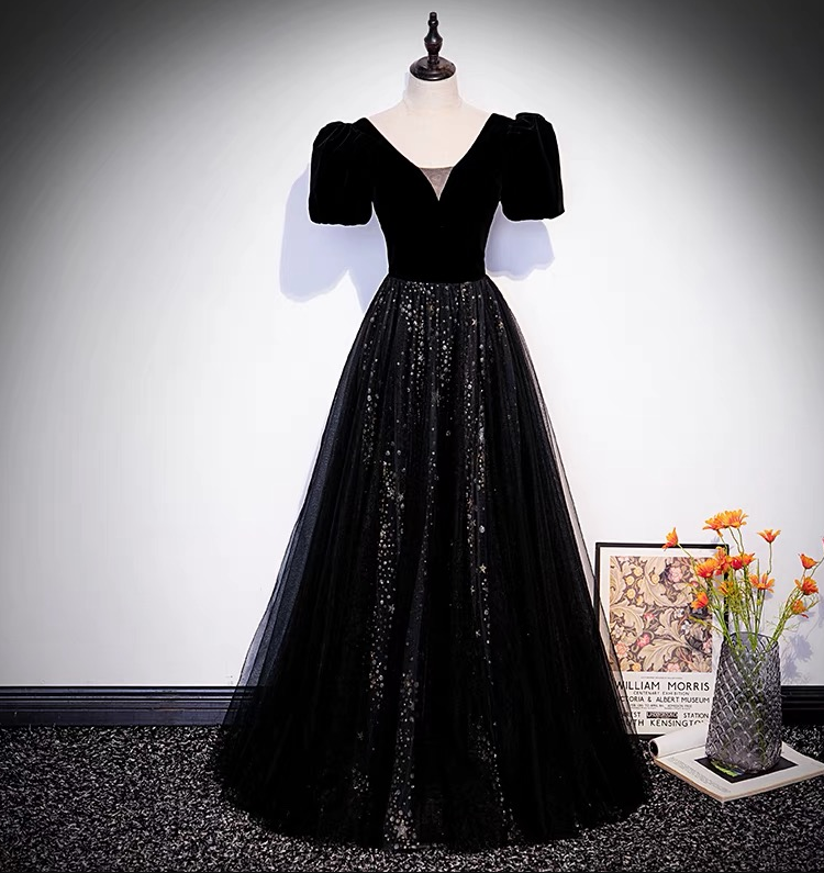 Women Elegant Black Glitter Velvet Sequins Prom Dress Princess Long Sparkly Formal Evening Dress Prom Gown