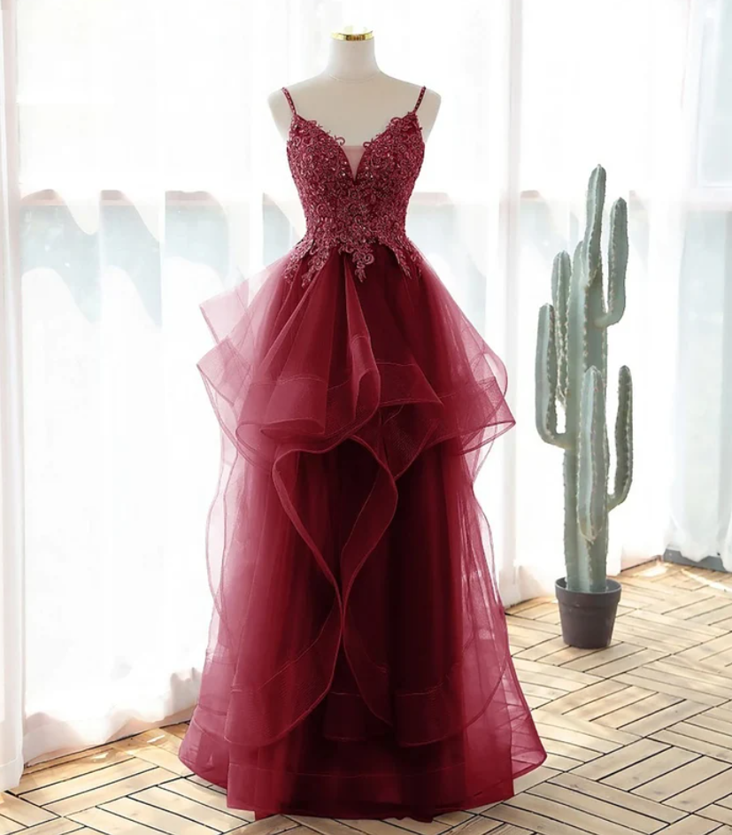 Burgundy Tulle Prom Dress Princess Formal Evening Gown 2023