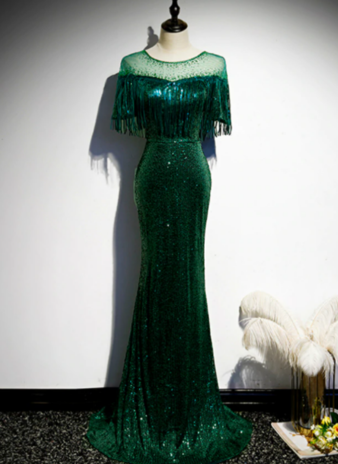 Sequins Dark Green Prom Dress Mermaid Long With Tassel Formal Evening Gown