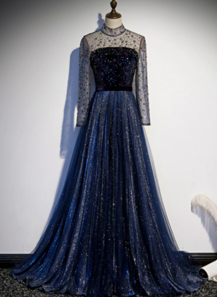 Navy Blue Prom Dres Glitter With Long Sleeves Foaml Evening Gown