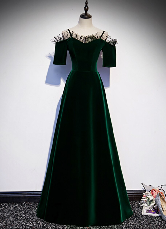 Dark Green Velvet Prom Formal Evening Dress Princess With Short Sleeves