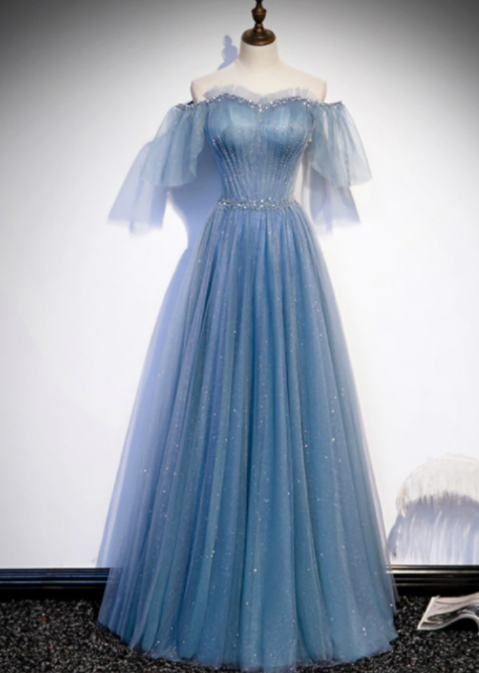 Women Dusty Blue Tulle Prom Dress Glitter Long Formal Evening Gown
