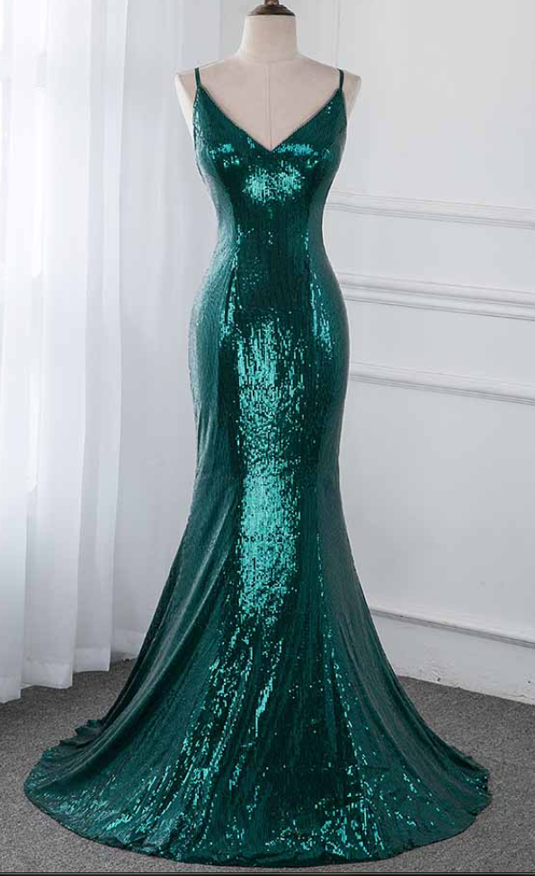 Glitter Dark Green Mermaid Sequins Prom Gown Elegant Formal Evening Gown
