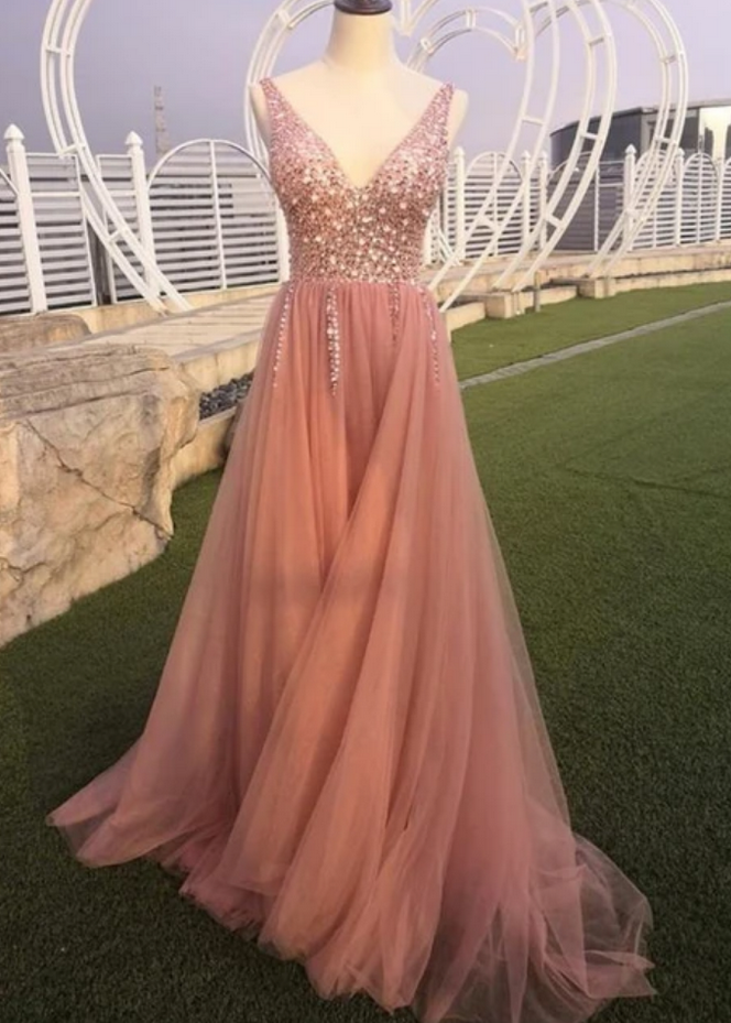 Dusty Rose Beaded Tulle Prom Dress Long Elegant Formal Evening Gown