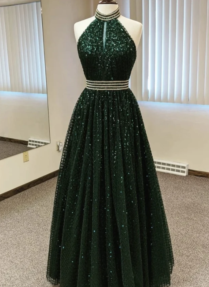 Glitter Dark Green Halter Prom Dress Elegant Formal Evening Gown Backless