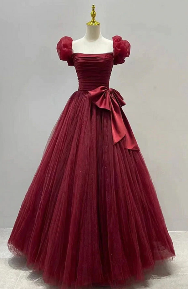 Burgundy Princess Tulle Prom Dress Vintage Long Elegant Formal Evening Gown