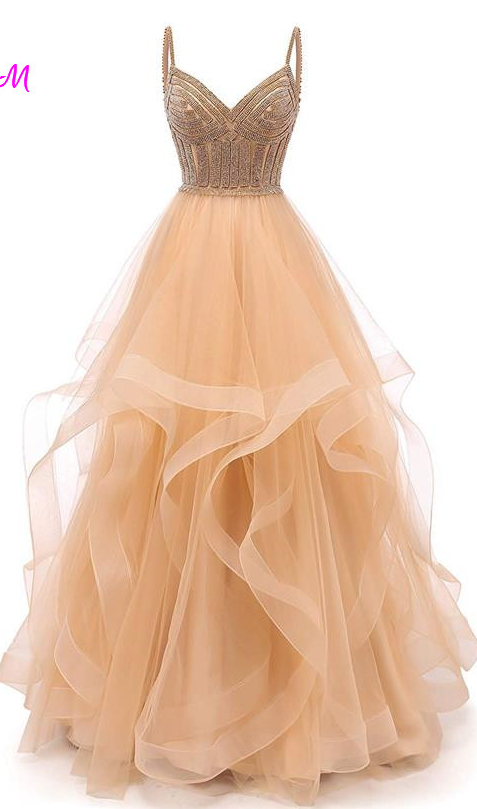 Champagne Princess Tulle Prom Dress Elegant Sparkly Formal Evening Gown