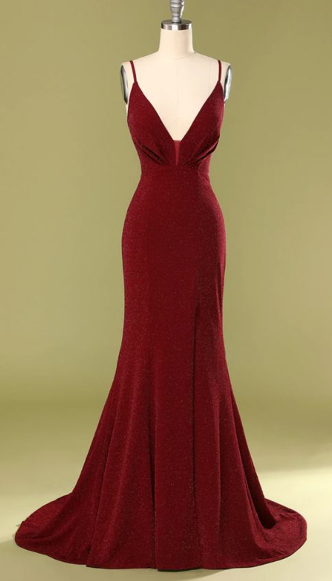 Burgundy Mermaid V-neck Prom Dress Elegant Formal Evening Gown