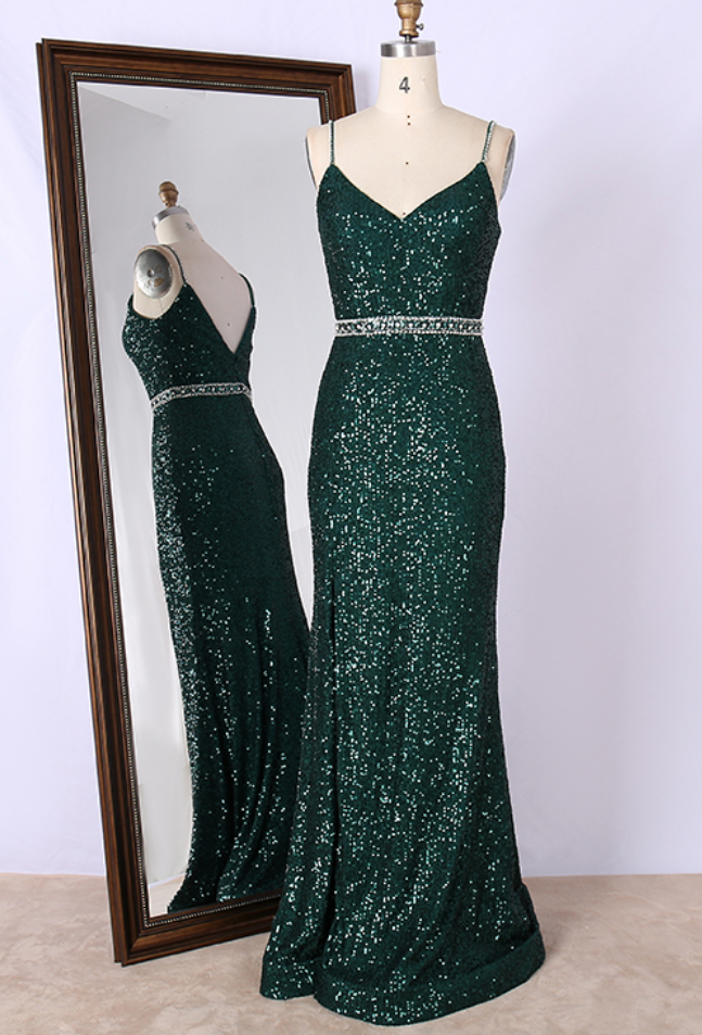 Women Glitter Green Sequins Prom Dress 2023 Formal Evening Gown