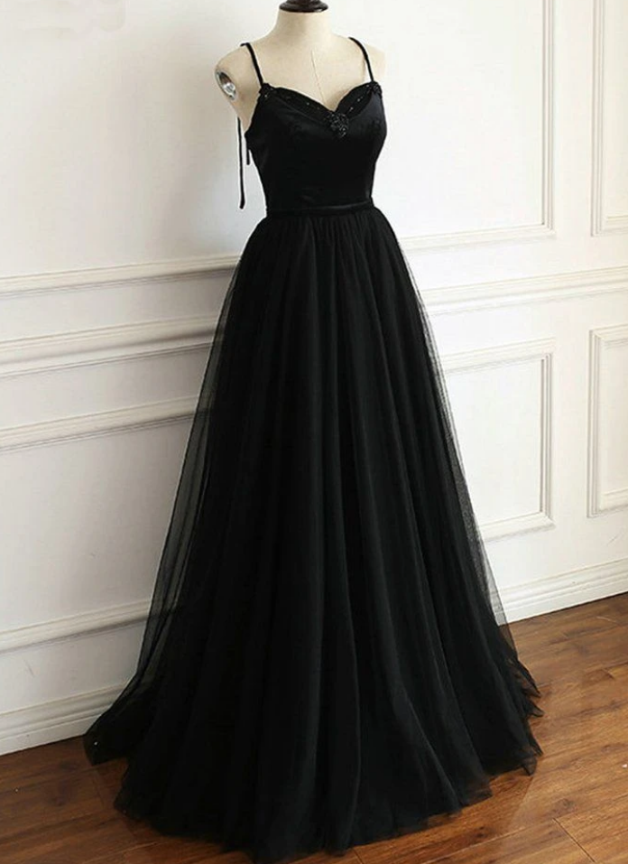 Princess Black Prom Dress Long With Spaghetti Straps Formal Evening Gown